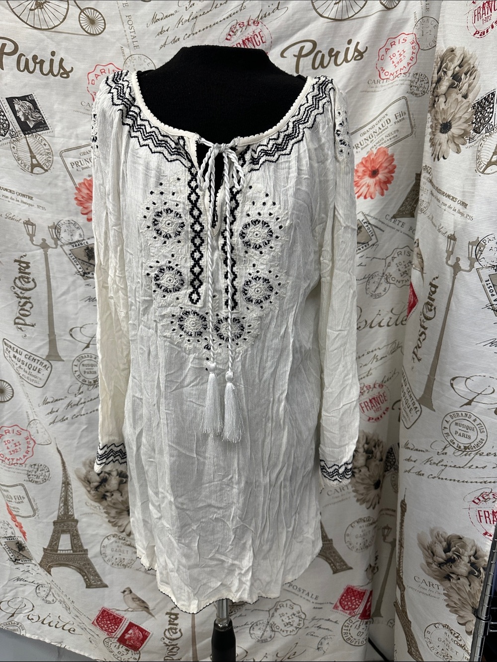 White Tunic Top with Black Embroidered Detail and Tassel Tie